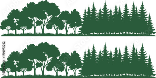Green forest tree silhouette landscape with deciduous and pine woodland scenery, natural environment illustration for eco design, nature background, outdoor conservation and forestry concepts