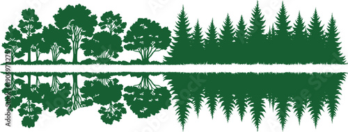 Green forest silhouette landscape with tree reflections on calm lake, nature scenery vector illustration, woodland panorama, peaceful environment concept isolated on white background