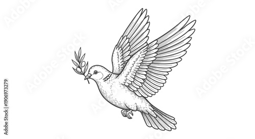 Detailed monochrome drawing of a dove with olive branch, symbolizing peace and serenity