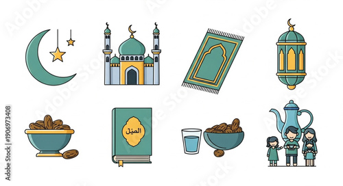 Islamic cultural symbols for Ramadan and Eid celebrations.