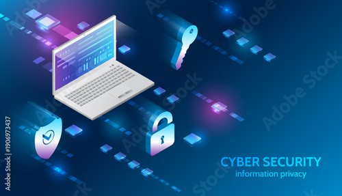 Cybersecurity and information privacy concept with laptop, digital shield, padlock, and key on futuristic blue background, representing secure data, encryption, and online protection.