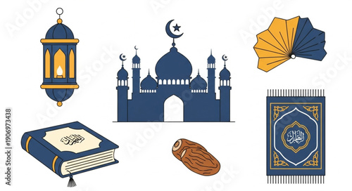 Islamic cultural symbols collection with mosque and Quran.