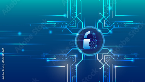 Abstract cybersecurity background with glowing padlock and digital circuit lines, symbolizing data protection, encryption, network security, and secure information exchange.