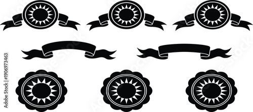Set of nine black and white vector badge and ribbon designs with sunburst centers, scalloped edges, and banners for awards and branding
