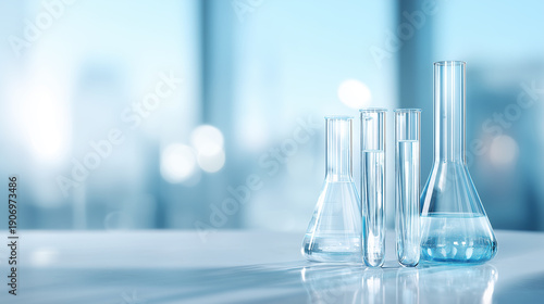 Medical laboratory glassware including test tubes and flasks made of clear glass with transparent liquid on clean clinical background with copy space. 