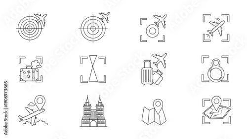 Travel Icon Set: A comprehensive collection of meticulously crafted travel icons, showcasing diverse elements related to exploration and journeys.