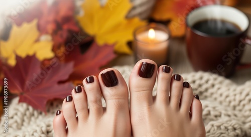 Woman's feet with dark red toenails on cozy knit blanket with autumn leaves