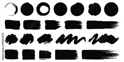 Vector set of black hand-painted brush shapes, collection of rough textured circles, rectangles and abstract ink strokes for bold graphic design.