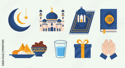 Islamic cultural symbols and objects for Ramadan celebration.