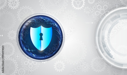 Futuristic data security concept with a glowing shield inside a digital sphere and mechanical gear elements, symbolizing cyber protection, system safety, and advanced information security.