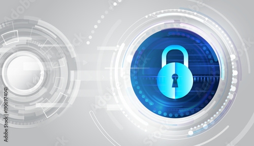 Futuristic cybersecurity concept with a glowing digital lock inside circular interfaces, representing data protection, privacy, encryption, and secure network technology.