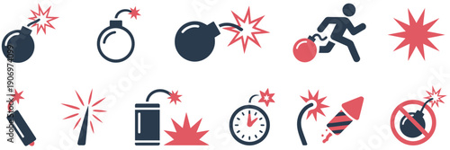 Bomb Explosion Danger Icon Set, warning symbols featuring dynamite with fuse, timer bomb graphics, blast and hazard signs, threat and risk concepts, explosion symbols, and alert icons for safety 