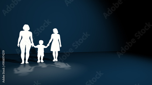 Photography Paper cut silhouette of two mothers holding hands with a child on blue background, illustrating lesbian family, diversity, equality, inclusive parenting and relationship concept
