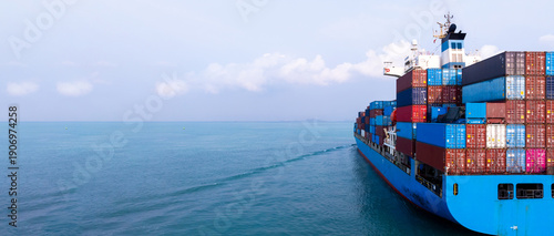 Aerial view container ship carrier container on sea, Global business logistics and Global trade transportation by container ship, Container ship freight shipping import export logistics supply chain.