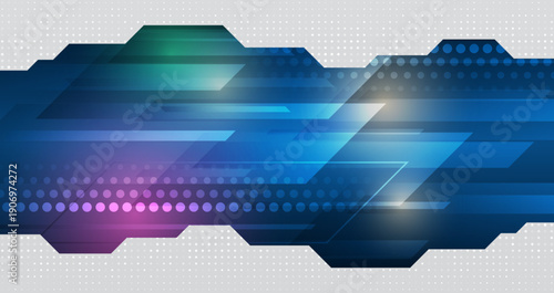 Abstract high-tech background with layered geometric shapes, glowing lines, and dotted patterns in blue and purple tones, symbolizing speed, data flow, and modern digital technology.