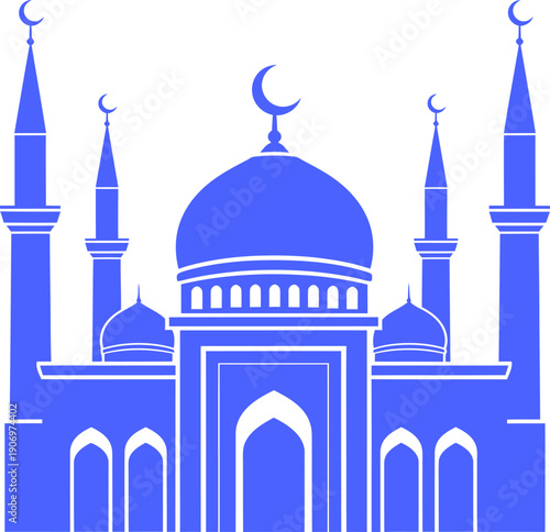 Iconic blue silhouette of taj mahal with crescent moon symbols on minarets