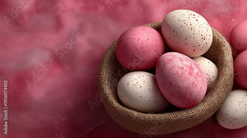Pink speckled Easter eggs in small wooden bowl