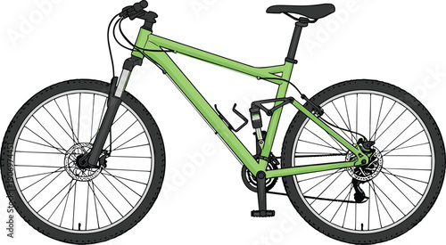 Green mountain bike illustration isolated on white background, modern bicycle design with detailed parts, cycling, outdoor sport, fitness, transportation and adventure concept