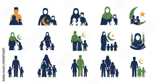 Islamic Family Icons Set Muslim Parents and Children.