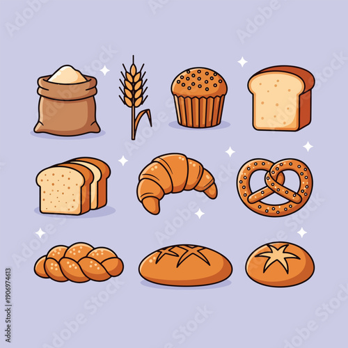 Assortment of freshly baked bread and pastries including flour wheat muffin toast croissant pretzel braided bread and round loaves.
