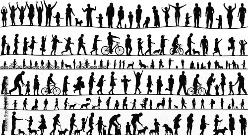 Large community people silhouette set, families walking dogs, children playing, cyclists and pedestrians, diverse urban crowd activity vector collection, group,