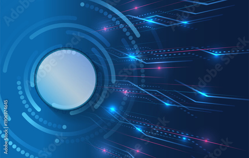 Futuristic digital background with a glowing circular interface, flowing data lines, and neon accents in blue tones, representing technology, connectivity, and high-speed information transfer.