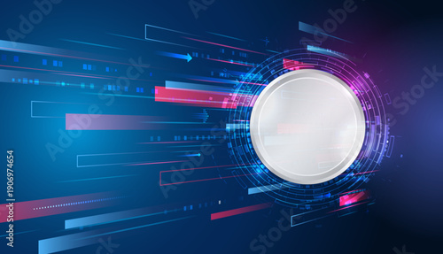 Futuristic high-tech background with a glowing circular HUD frame and dynamic neon lines, representing digital communication, data transfer, innovation, and modern technology interface.
