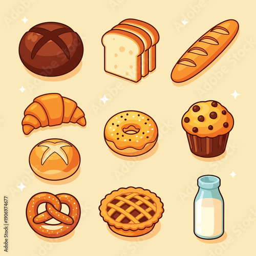 Assortment of freshly baked goods including bread pastries and desserts with a bottle of milk on a light background.