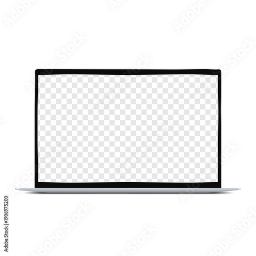 Open laptop with blank transparent screen front view. Vector mockup. Empty display of notebook portable computer. Realistic 3d mock-up. Template for design. Easy editable