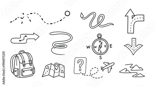 Journey Map: Simple illustrations that depict travel themes. Includes a compass, map, airplane, backpack, and arrows.
