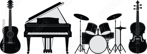 Musical instrument silhouette set, acoustic guitar, grand piano, drum kit, and violin icons, orchestra band equipment vector collection, music school,