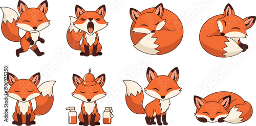 Cute Cartoon Fox Character Pose Set with Sleeping Sitting Yawning and Cozy Fox Illustrations for Kids Nursery and Vector Designs