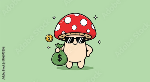 Cool Mushroom Character with Money Bag and Sunglasses.