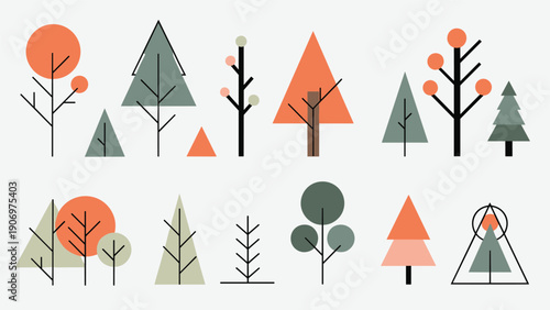 Collection of stylized forest trees in a modern geometric art style featuring various shapes and autumn color tones on a light gray background.