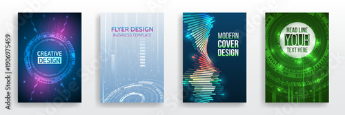Set of futuristic flyer and cover templates with glowing digital rings, circuit lines and abstract tech shapes, perfect for creative design, business marketing, branding and modern technology themes.