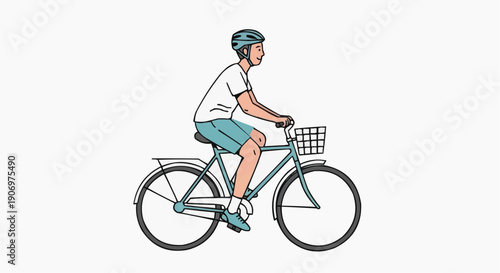 Illustration of a man wearing a helmet riding a bicycle with a basket