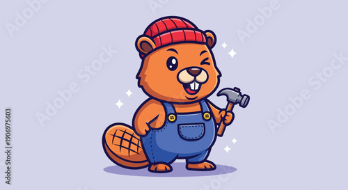 Cute Beaver Carpenter Winking and Holding a Hammer.