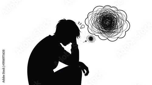 Silhouette of a man sitting with his head in his hand surrounded by scribbled thought bubbles representing stress and mental health.