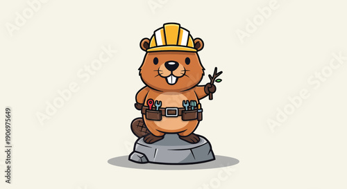 Cute Beaver Cartoon Character Wearing a Hard Hat and Tool Belt.