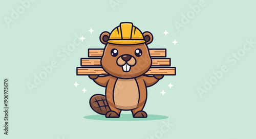 Cute Beaver Cartoon Character Wearing Hard Hat Carrying Wood Planks Vector Illustration.