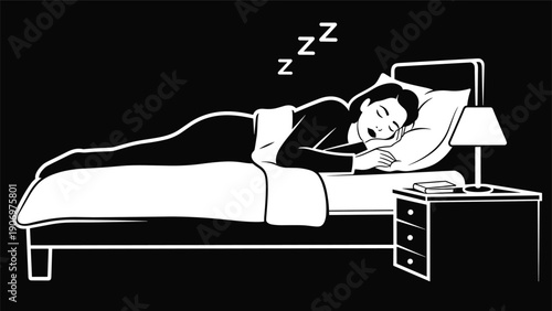Black and white illustration of a woman sleeping peacefully in a bed with blankets, a pillow, and a bedside lamp with 'Z' symbols.