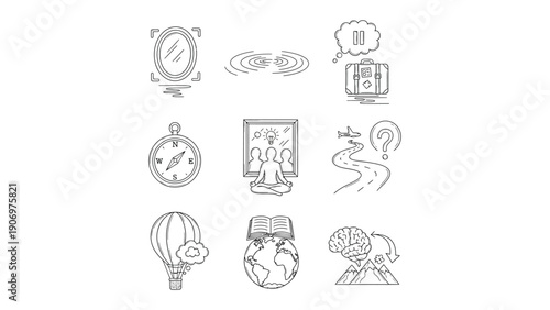 Icon Set for concepts and ideas: An array of artistic icons, each a distinct representation of core concepts such as self-reflection, introspection, and journey.