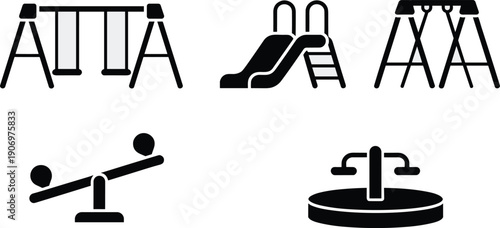 Playground equipment icon set, children park slide, swing, seesaw, and merry go round silhouettes, outdoor recreation vector collection, schoolyard fun,