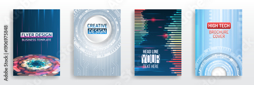 Collection of futuristic flyer and brochure cover templates with abstract tech elements, digital lines, circular interfaces, and modern gradients, suitable for business, technology projects.