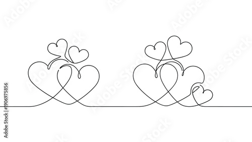 Continuous line drawing of two sets of interlocking and overlapping hearts for a minimalist representation of love and connection.