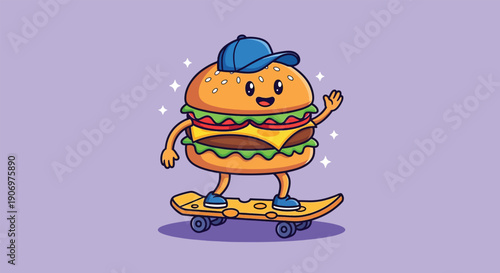 Cute Burger Mascot Character Riding Skateboard.