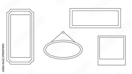 Collection of simple black and white line art picture frames including rectangular, oval, and polaroid styles for photo display or framing.