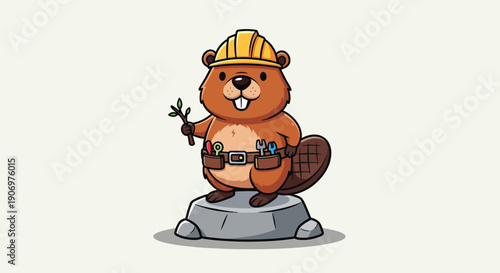 Cute Cartoon Beaver Builder Wearing Hard Hat and Tool Belt.