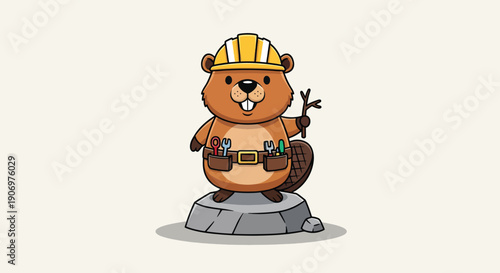 Cute Cartoon Beaver Wearing Hard Hat and Tool Belt Standing on Rock.