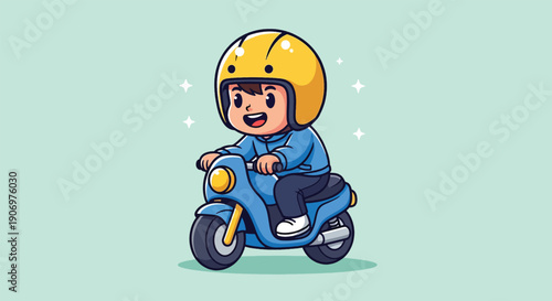 Cute Cartoon Boy Riding a Blue Scooter Wearing a Yellow Helmet.